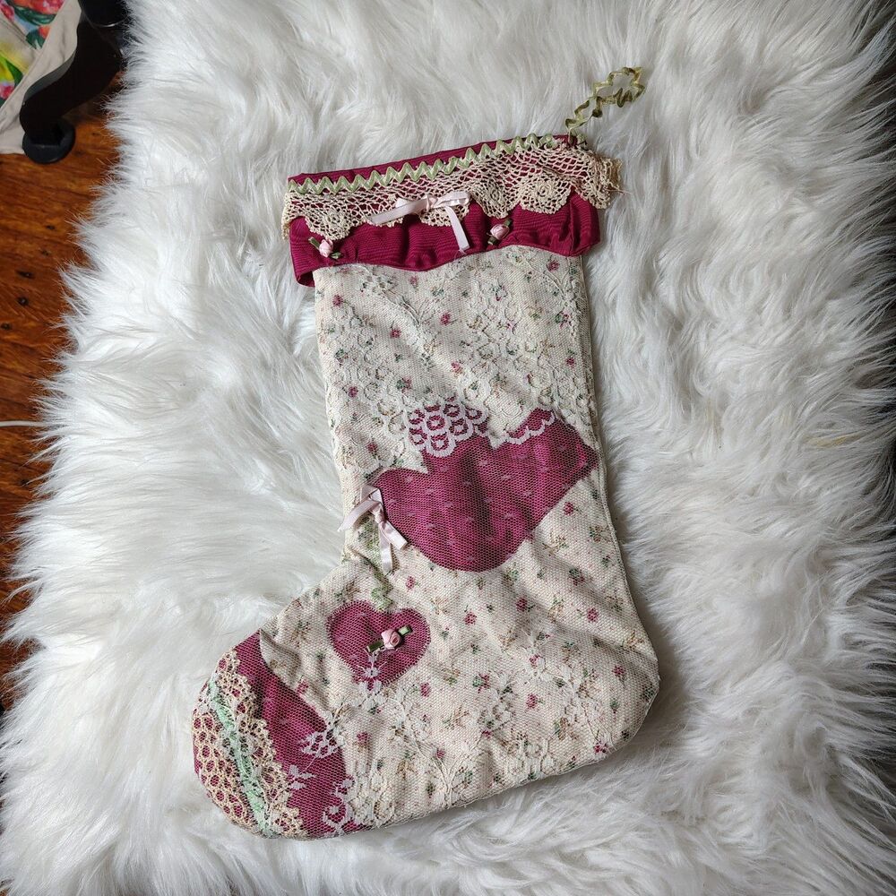 VTG Cottagecore Lace Floral Coquette Christmas Stocking